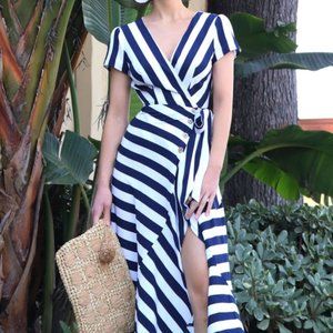 Navy Blue / White Stripe Wrap Modest Maxi Dress